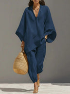 Women's loose casual shirt and cropped pants two-piece set by Plush Fashion Hub, vintage-inspired casual co-ord ensemble.