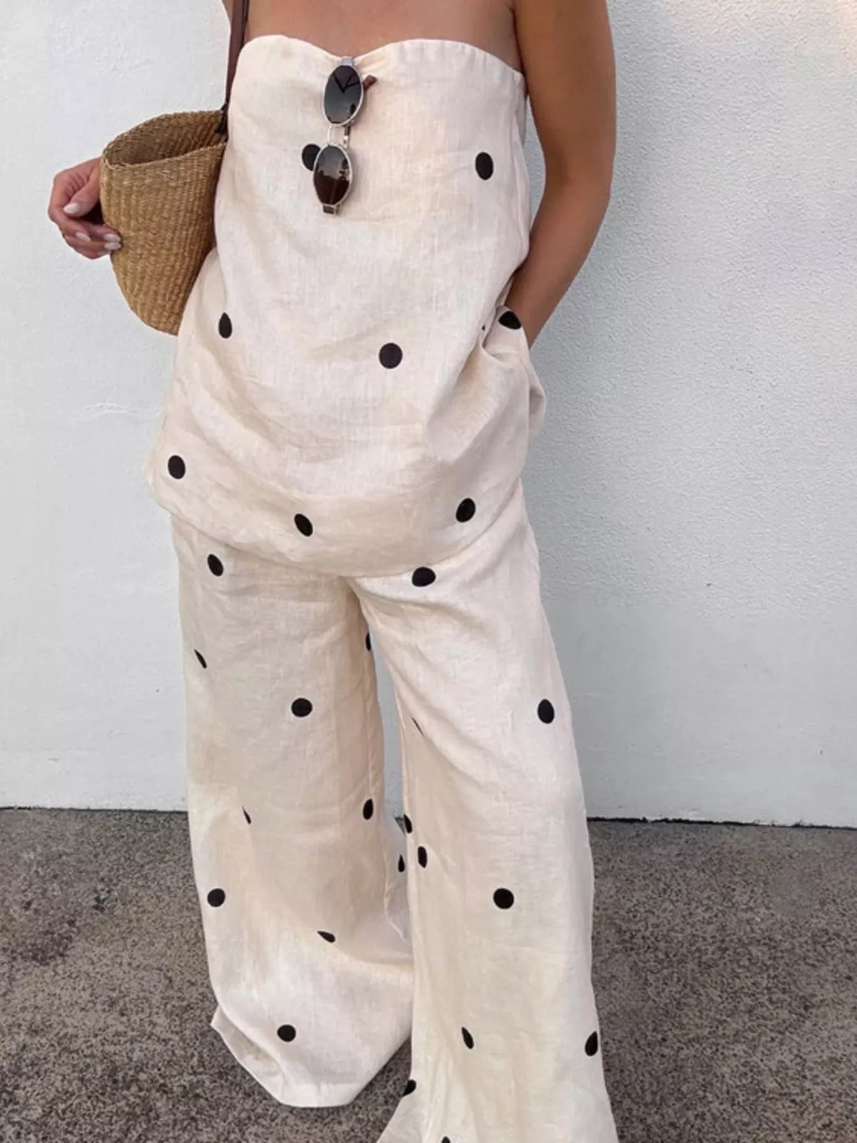 Polka dot tube top and pants matching set by Plush Fashion Hub, featuring a stylish polka dot pattern and comfortable fit.