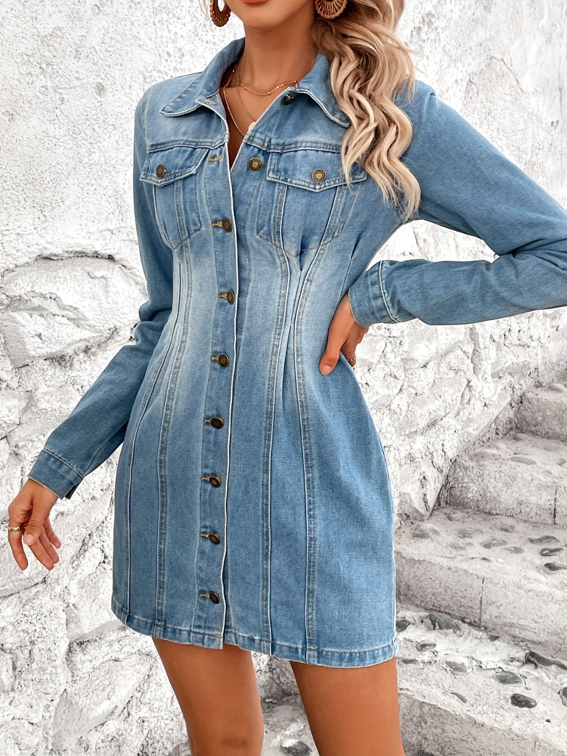 Denim long sleeve button-up dress with pockets from Plush Fashion Hub, casual stylish clothing for women.