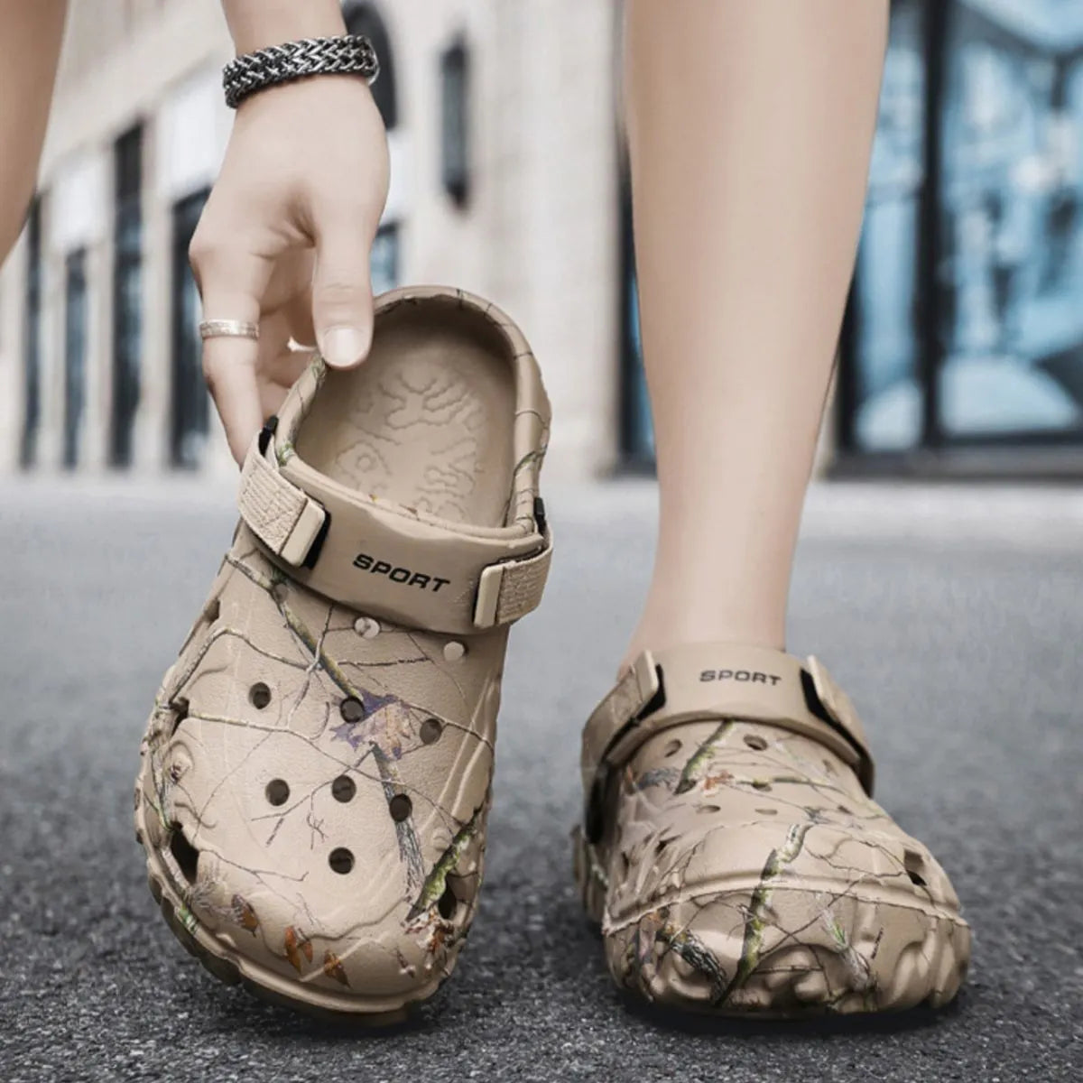Men's printed round toe sandals from Plush Fashion Hub, showcasing stylish footwear with patterned design and comfortable fit.