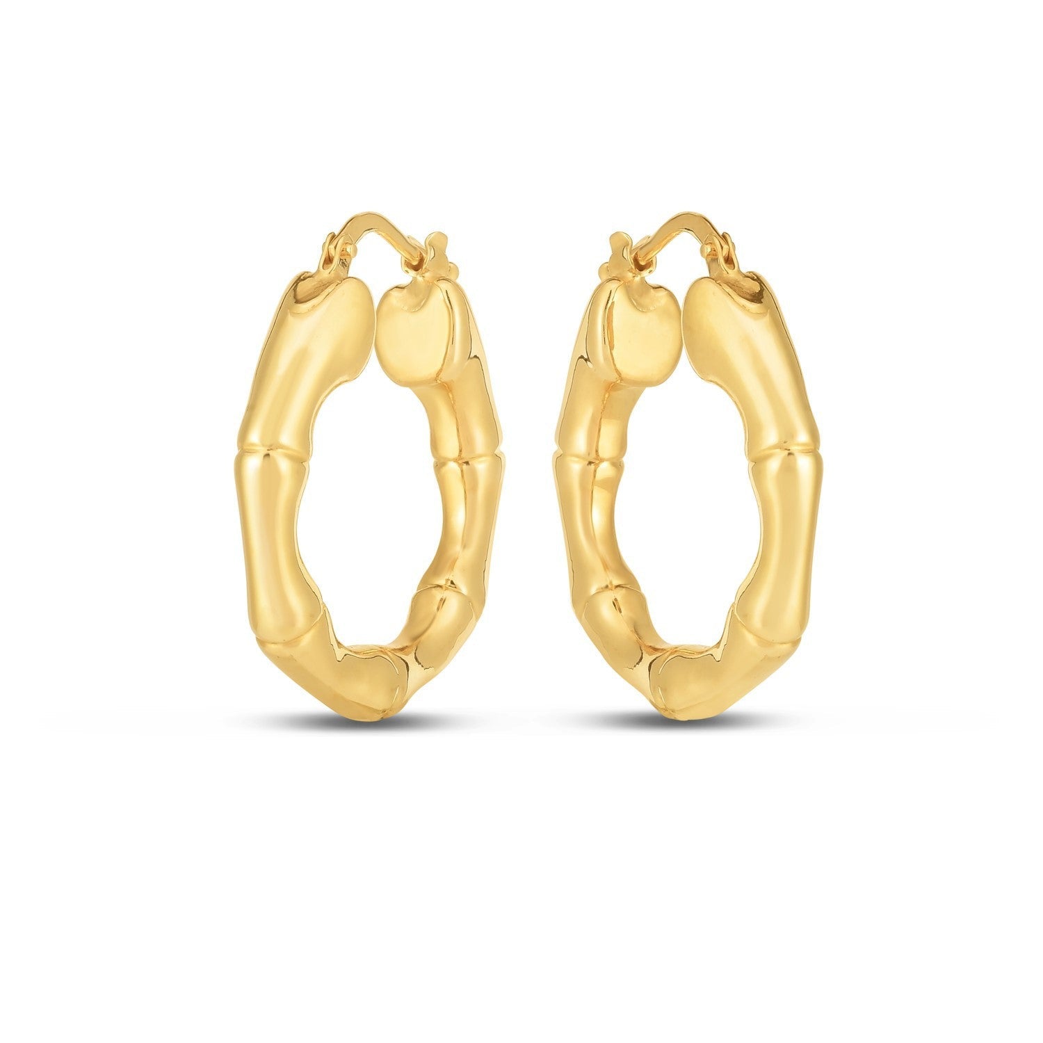 14k yellow gold medium bamboo hoop earrings with smooth, rounded design, perfect for stylish everyday wear.