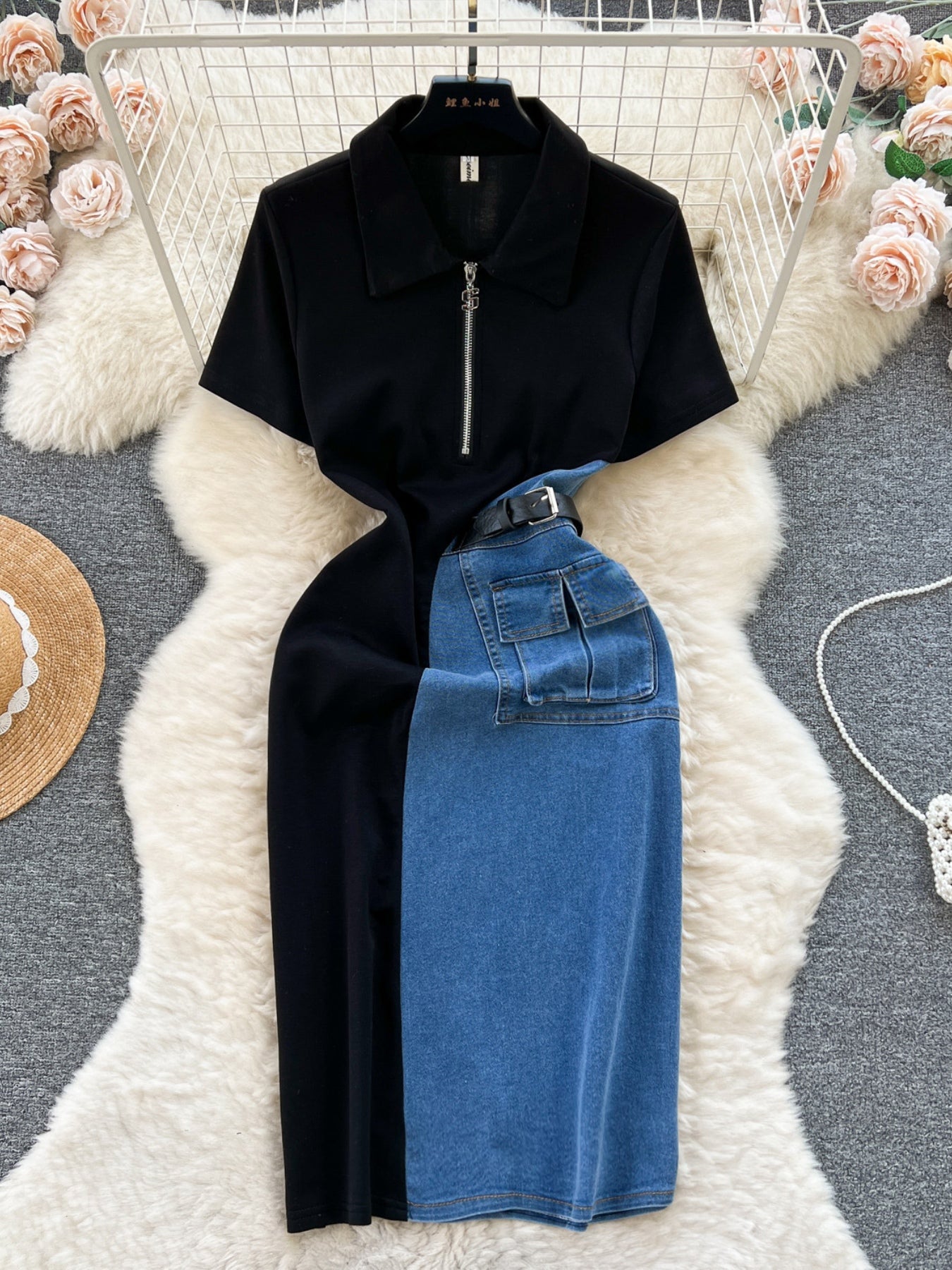 Color block denim patchwork midi dress with front zipper and belt, stylish casual dress by Trendsi.