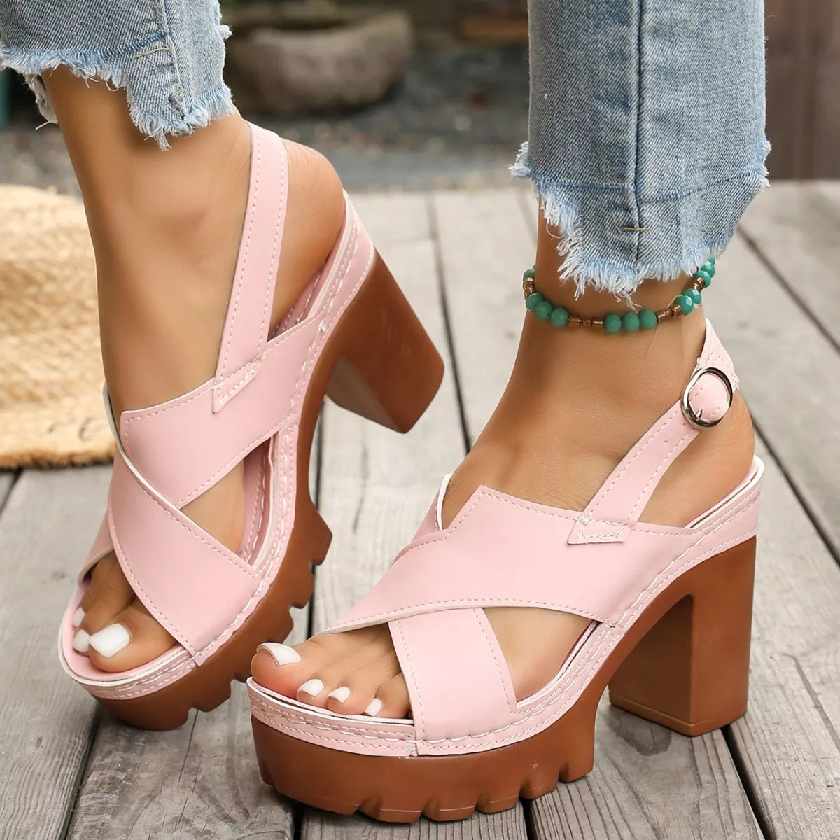 Open toe block heel sandals by Plush Fashion Hub featuring stylish design and comfortable platform for summer wear.