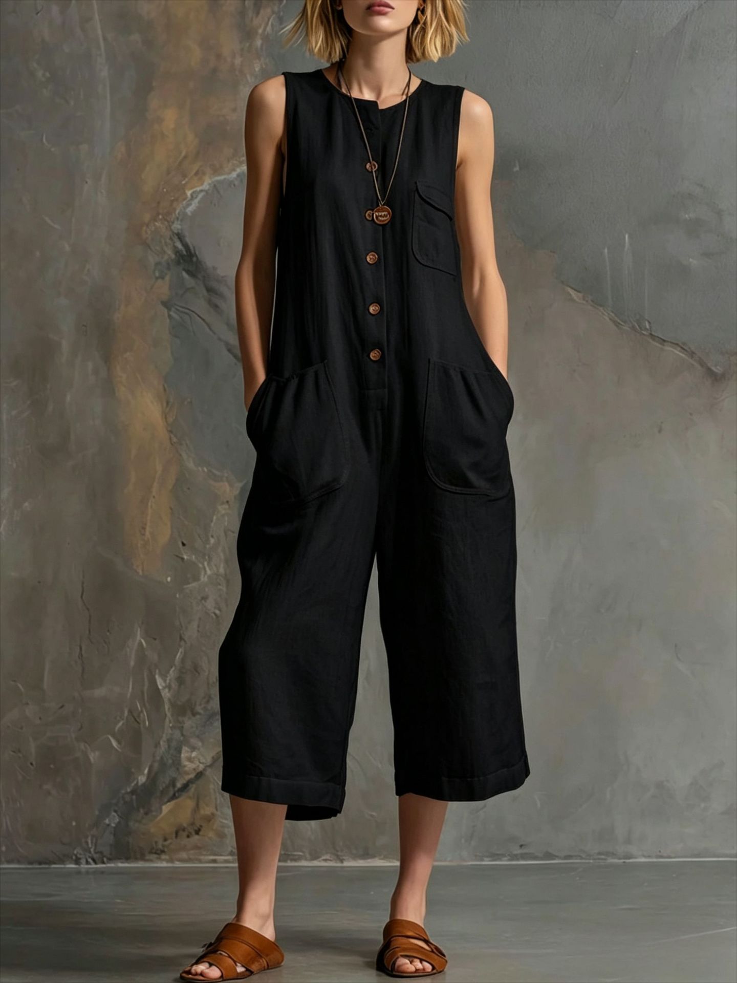 Women's retro sleeveless wide-leg cropped jumpsuit by FitiqueFit, featuring a casual style with a fitted bodice and flowy pant legs.