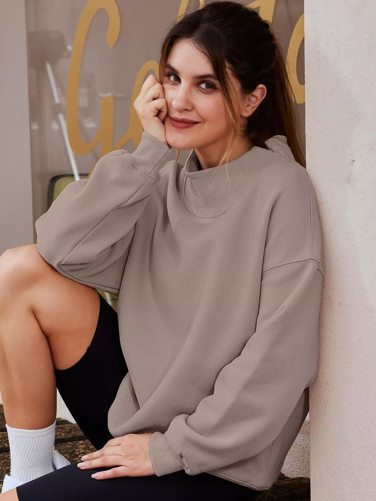 Women’s oversized plush fleece pullover sweatshirt with mock neck and dropped shoulders, casual top from Plush Fashion Hub.