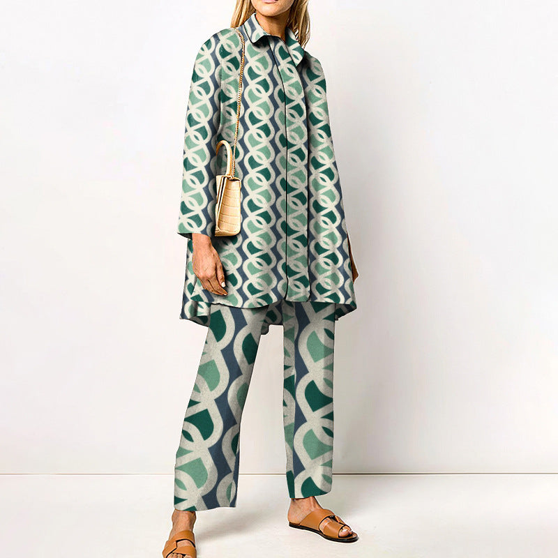 Women’s 3D digital print shirt set by FitiqueFit featuring a long sleeve urban casual outfit with vibrant graphic design.
