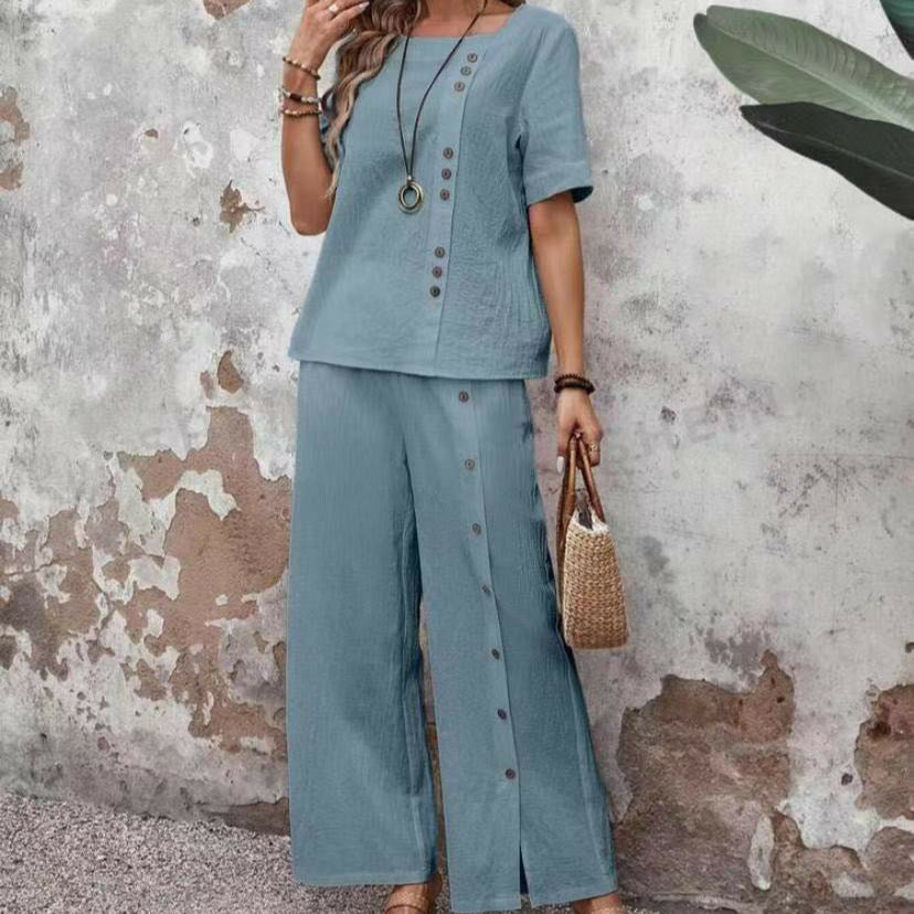 Women’s linen casualwear two-piece set by Plush Fashion Hub, featuring a button-up top and loose-fit design.