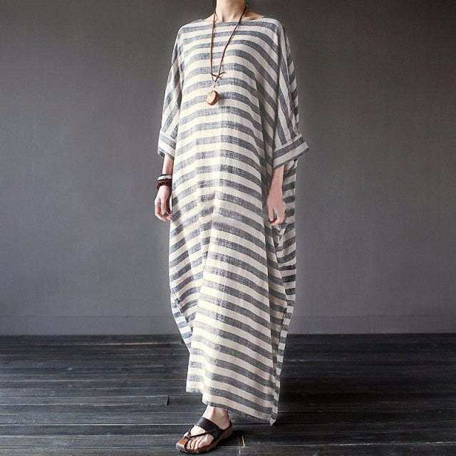 Cotton And Linen Stripes Loose Plus Long DressWrap yourself in effortless style with our Cotton And Linen Stripes Loose Plus Long Dress! Made with high-quality cotton and linen, this dress offers a loose and comDressPlush Fashions ShopPlush Fashion Shop