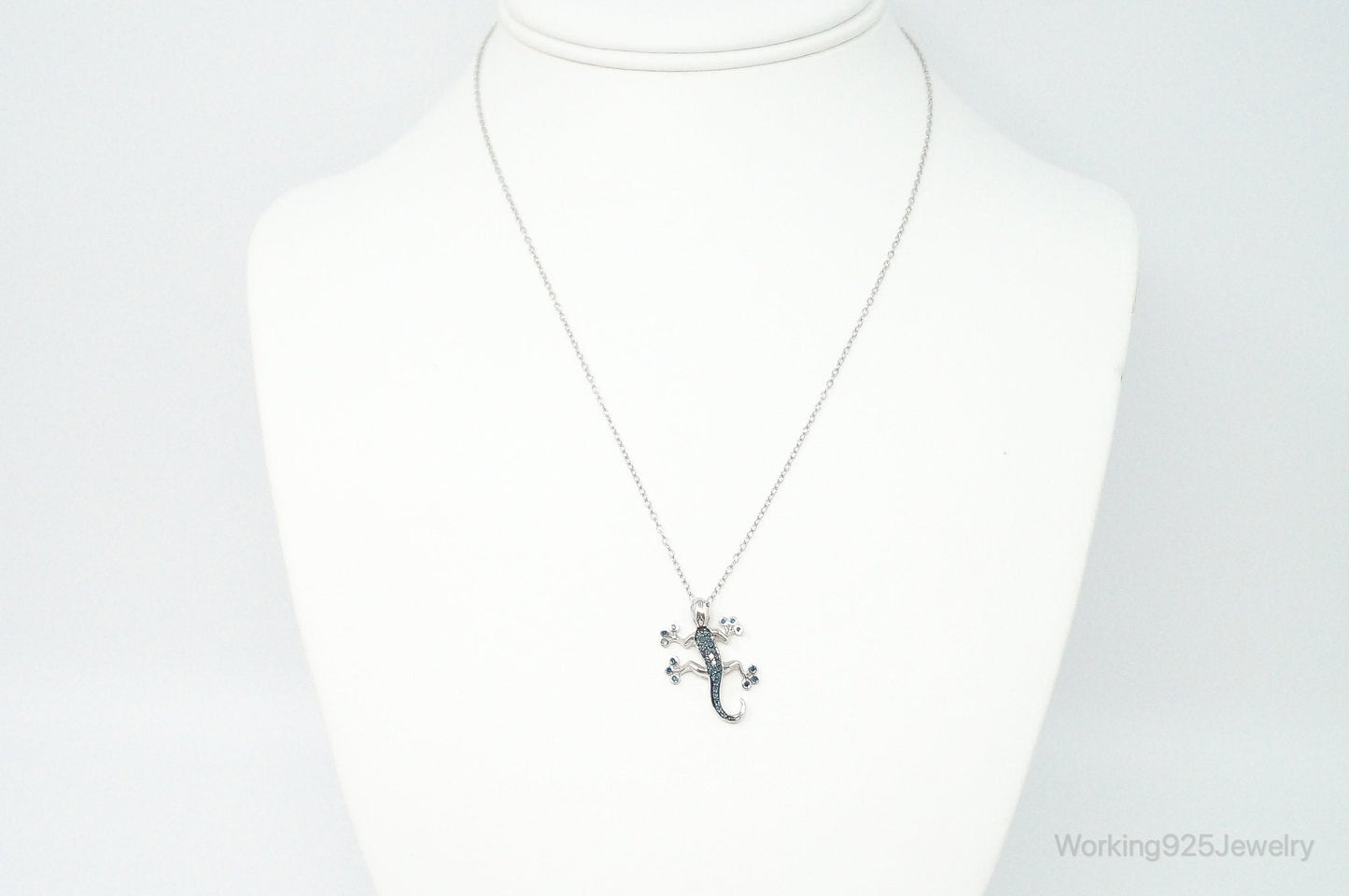 Blue Diamonds Gecko Sterling Silver Necklace Working 925 Jewelry