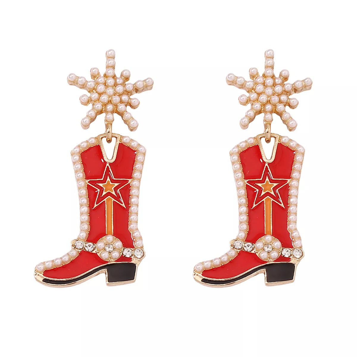 Cowgirl boot dangle earrings from Plush Fashion Hub featuring detailed Western-style boot designs for fashionable accessories.