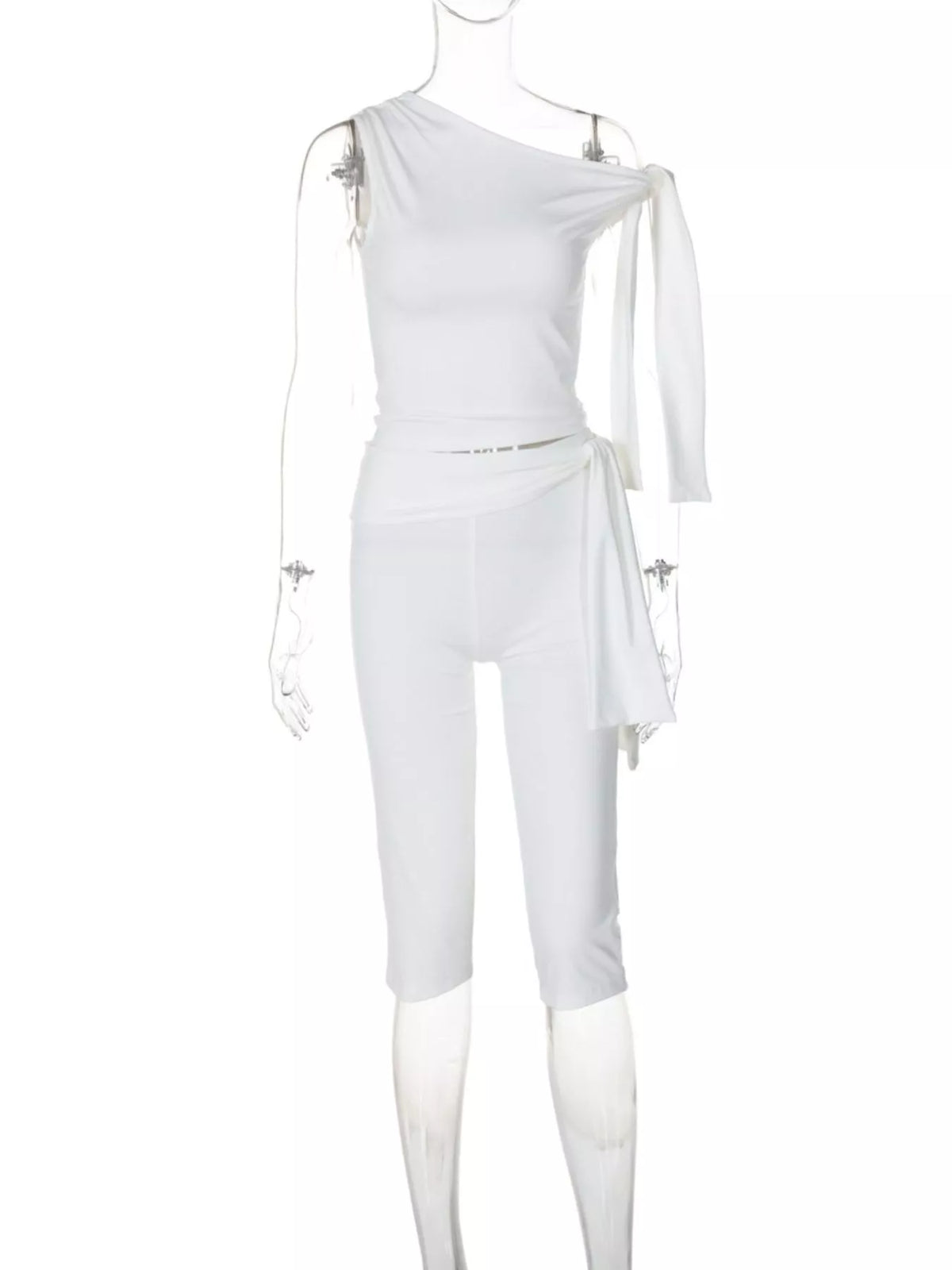 Plush Fashion Hub tied one-shoulder top and matching capris set in lightweight fabric, perfect for casual summer wear.