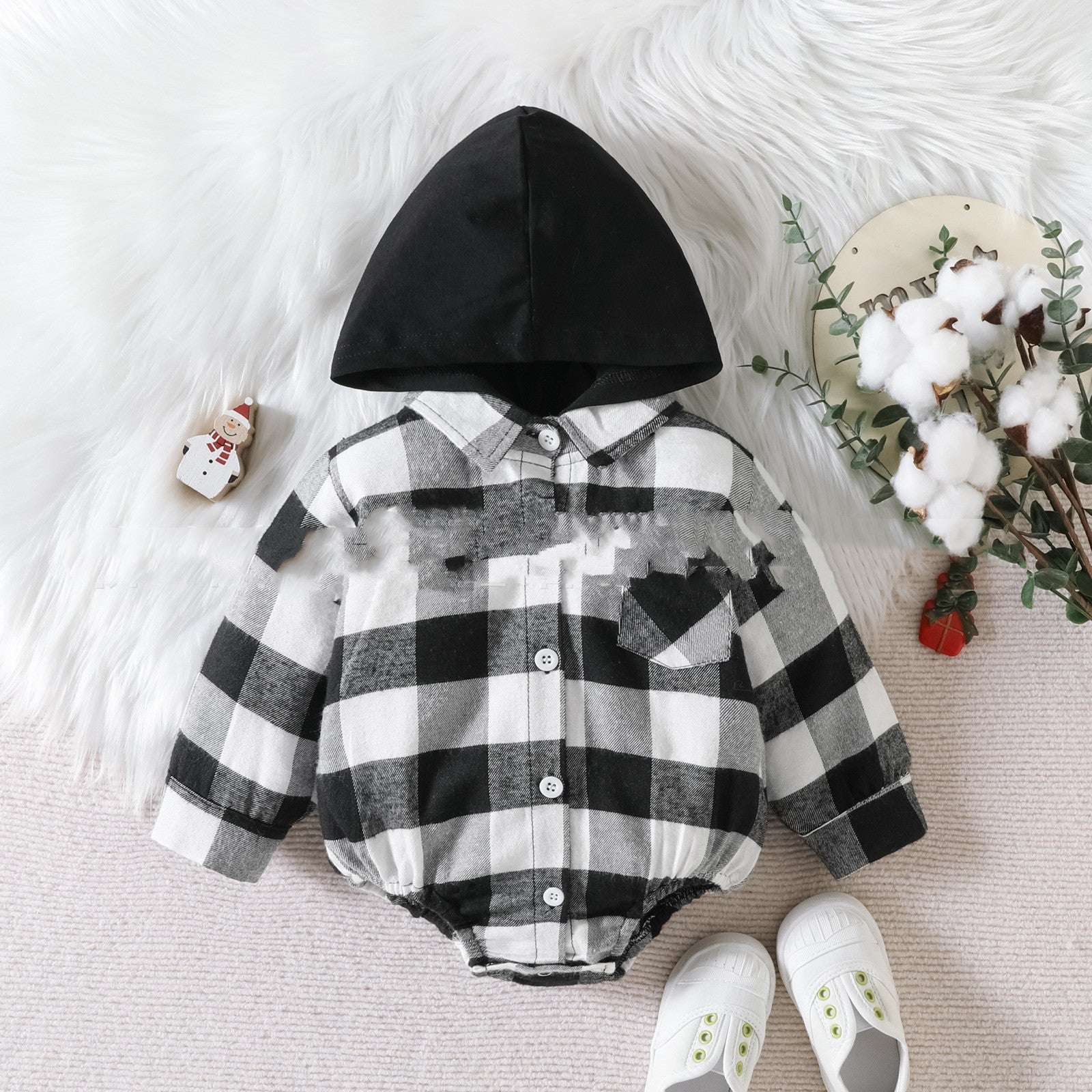 Baby Plaid Button Hooded JumpsuitStay cozy and festive this holiday season with our Baby Clothing Christmas Plaid Jumpsuit. Made with soft and breathable cotton fabric, our button-up onesie featuresBaby clothsPlush Fashions ShopPlush Fashion Shop