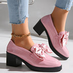Women's plush fashion hub bowtie round toe low heel pumps in wide size, casual PU footwear with a stylish bow detail.