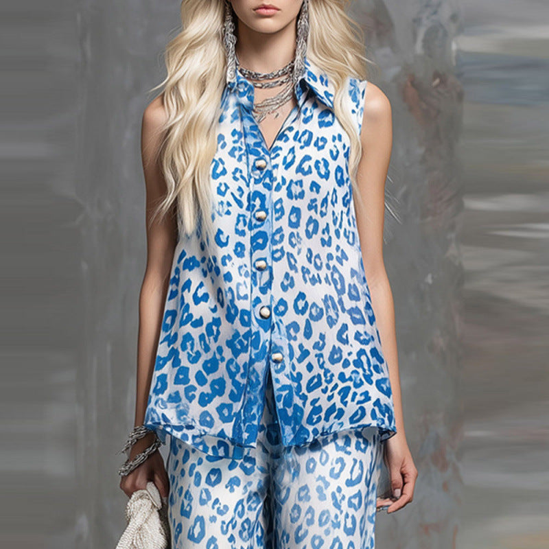 Loose-fit leopard-print sleeveless shirt and trousers two-piece set from Plush Fashion Hub, casualwear with bold animal print.