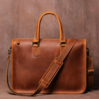 Men's Pi-Mart Crazy Horse leather briefcase with a sturdy handle, designed for laptops and professional use.