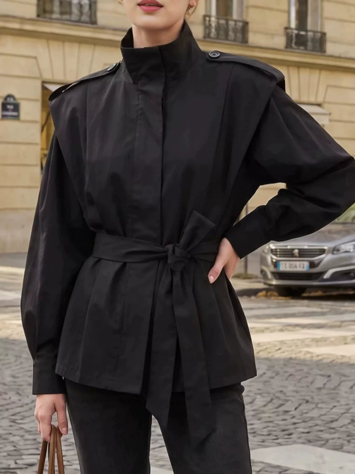Trendsi stand-collar belted outerwear, stylish outerwear jacket with a belt and stand collar, perfect for layering.
