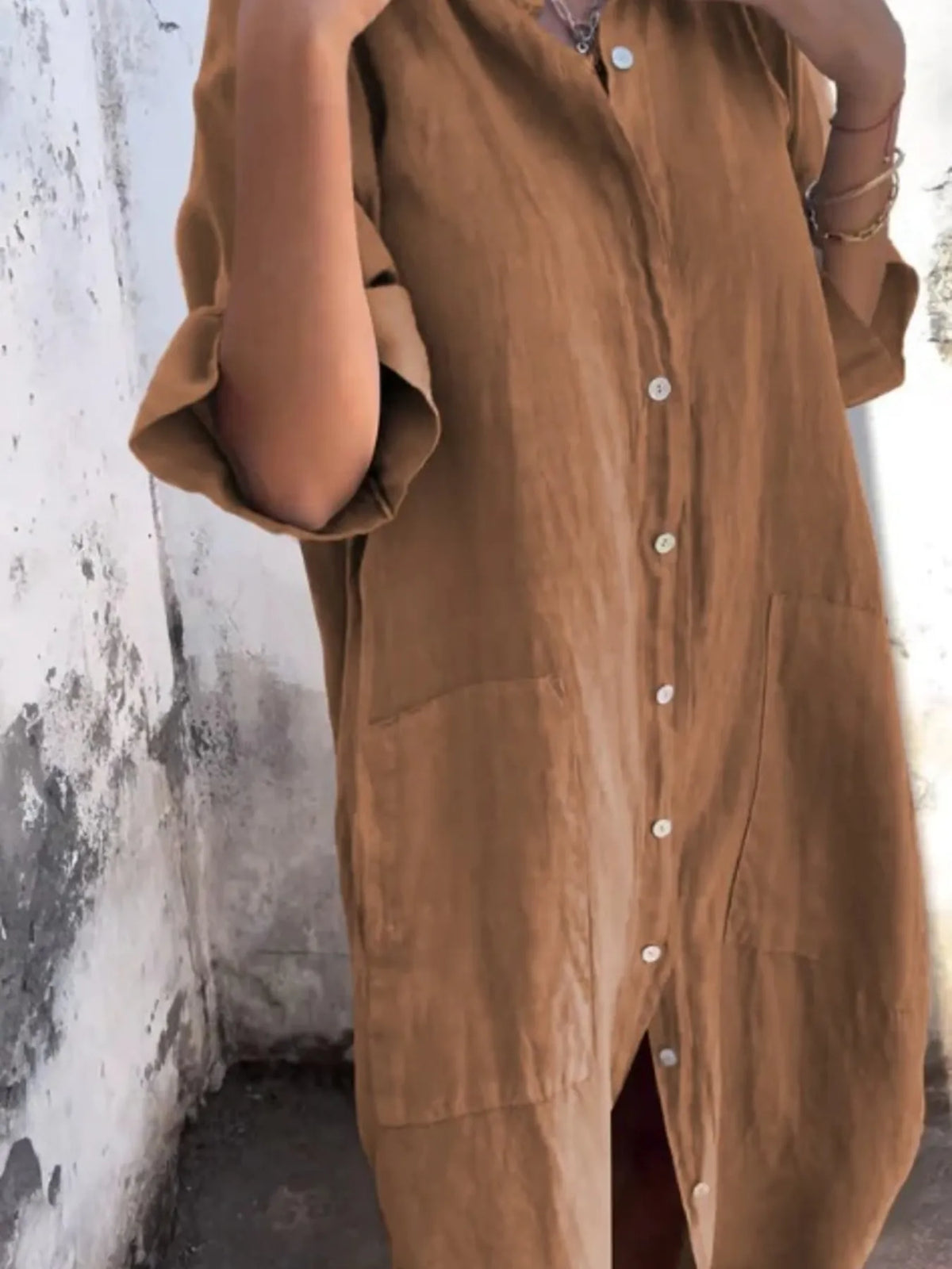 Full size casual linen button-down shirt dress by Trendsi, featuring a relaxed fit and classic collar in soft, breathable fabric.