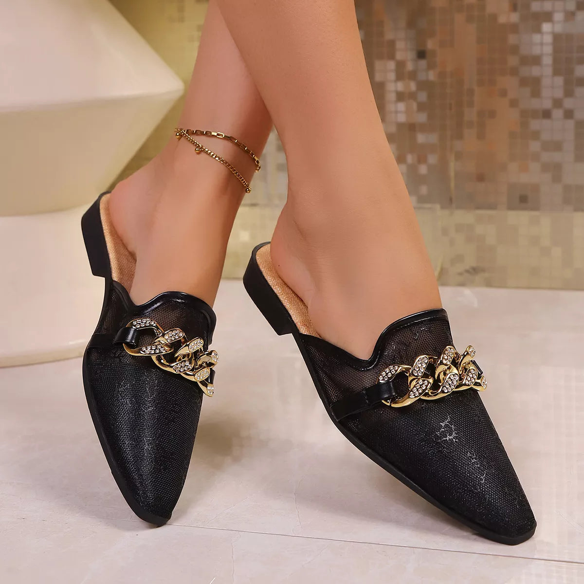 Point toe chain detail sandals from Plush Fashion Hub featuring elegant design and stylish straps on a neutral background.