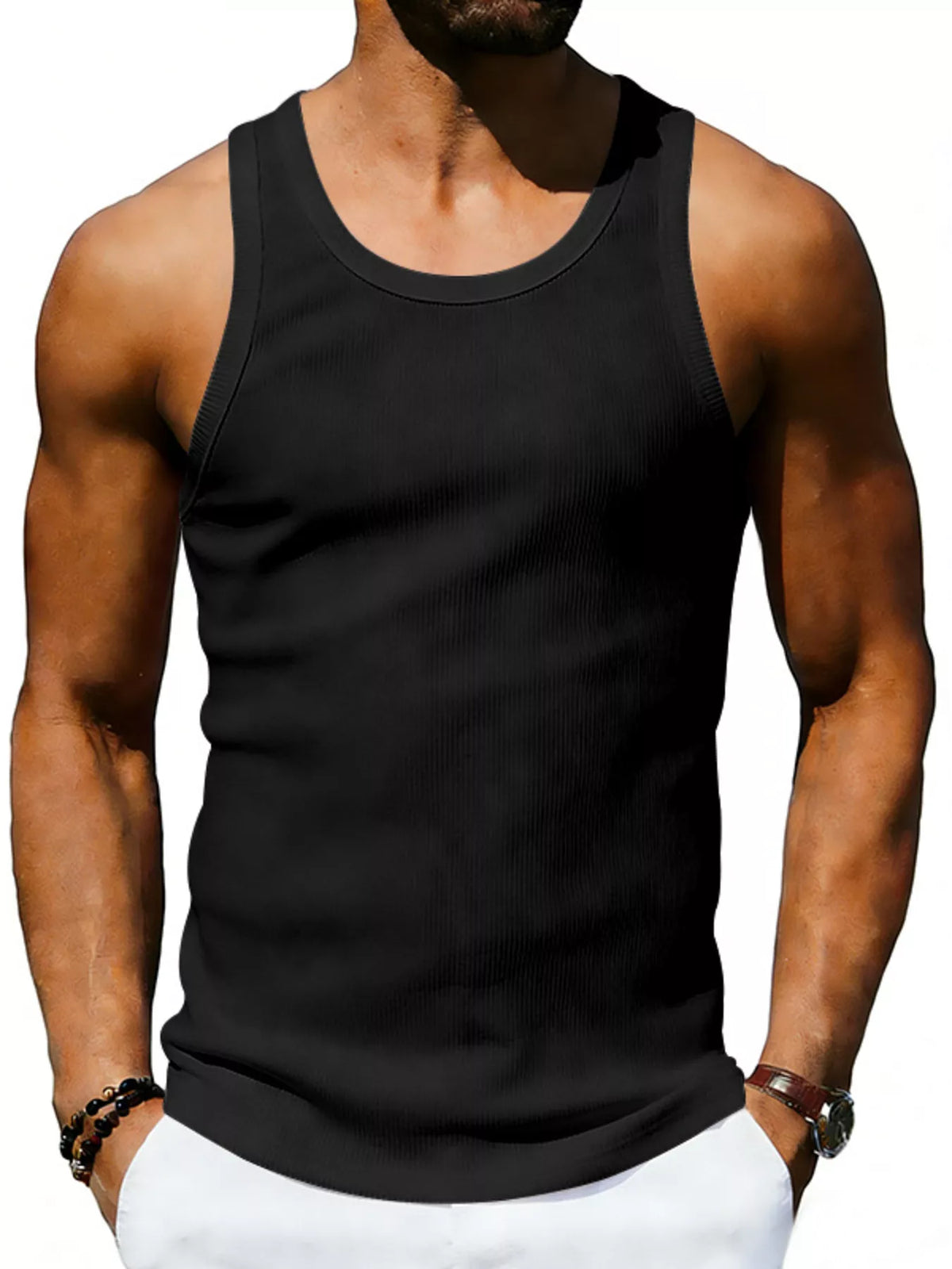 Plus size men's round neck tank top from Plush Fashion Hub, sleeveless, casual fit, lightweight fabric, full size available.