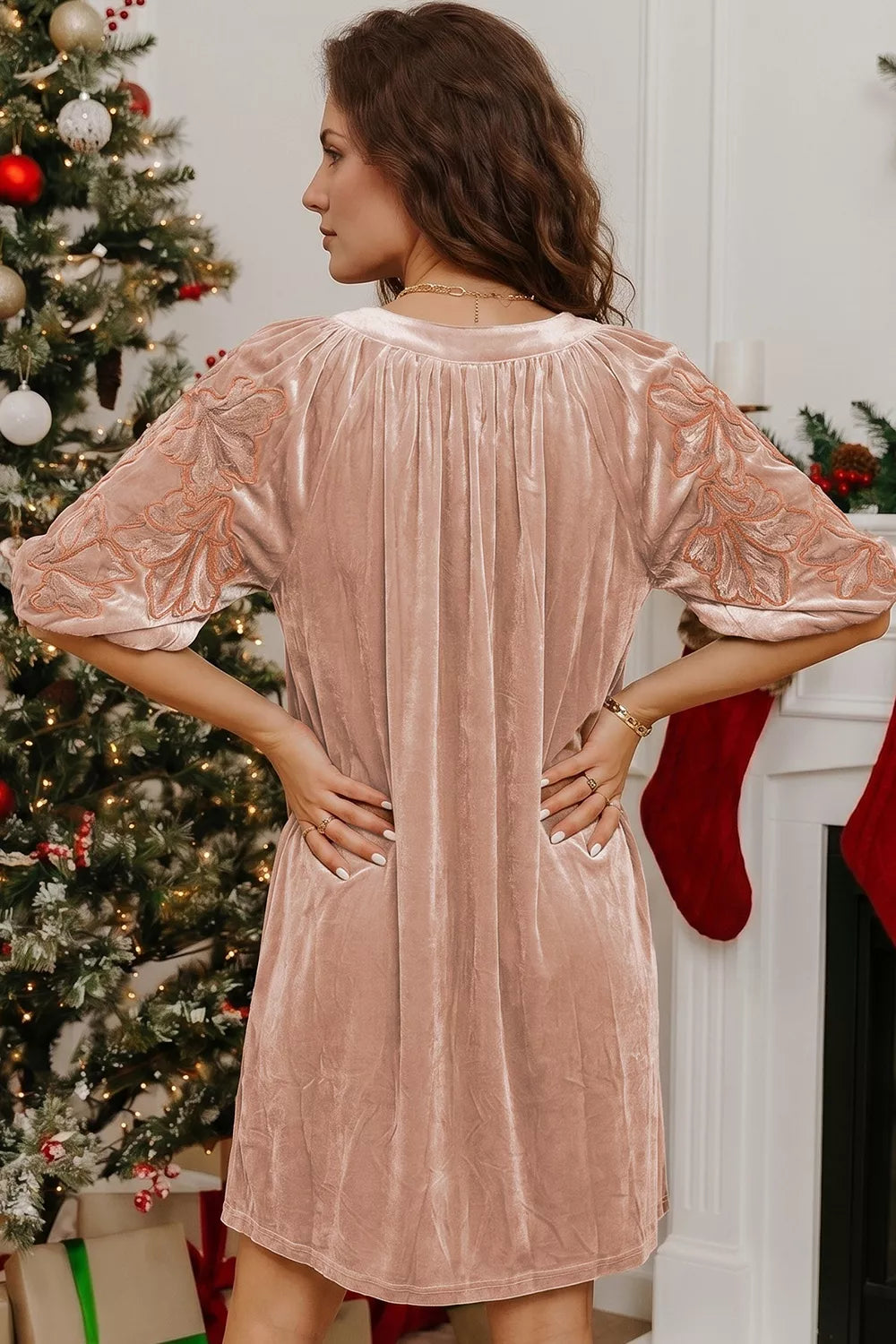 Velvet mini shift dress with embroidered sleeves, trendy and stylish, featuring a relaxed fit and intricate embroidery details.