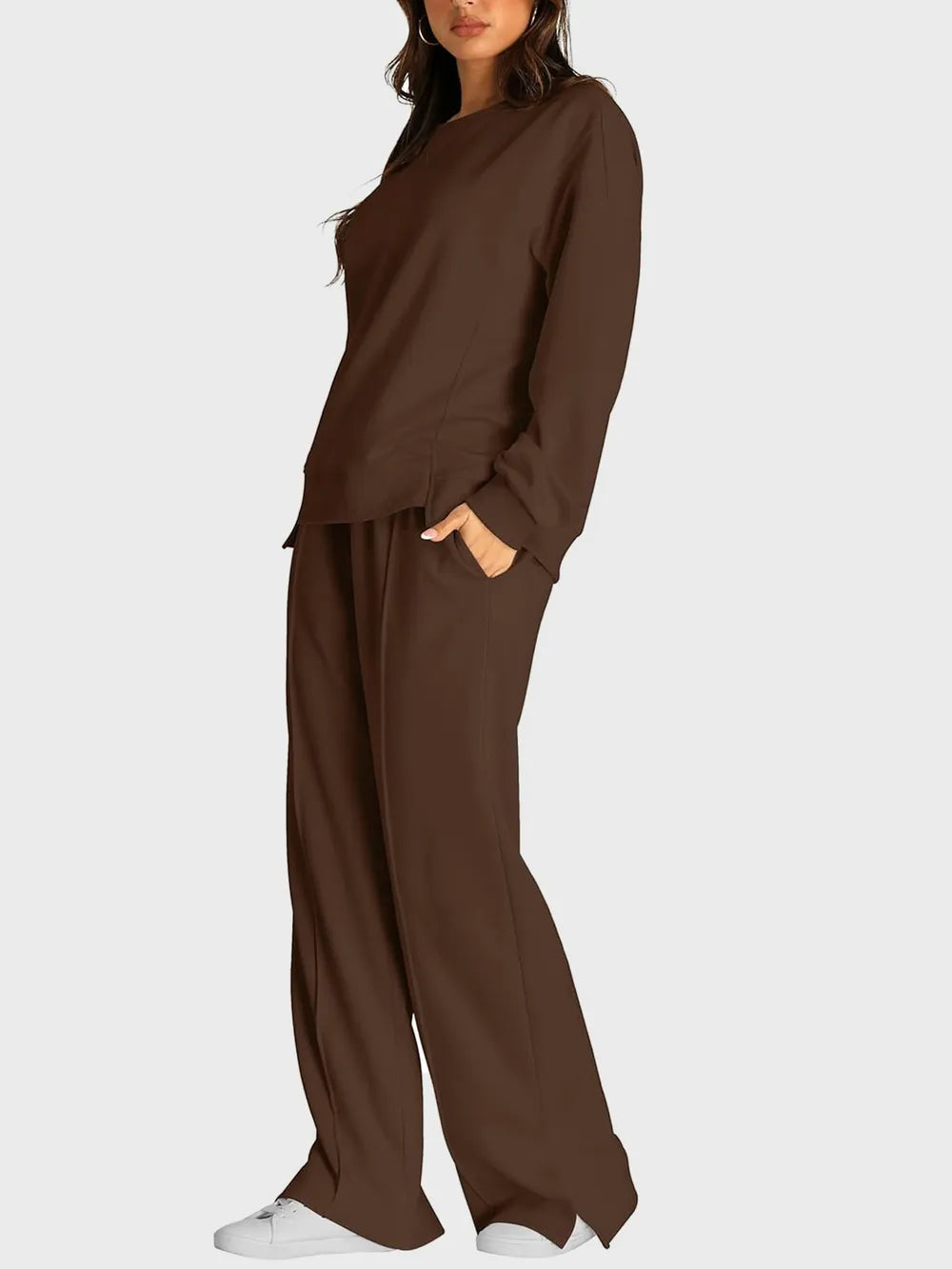 Trendsi round neck long sleeve top and slit pants set, stylish matching clothing ensemble for casual or trendy looks.