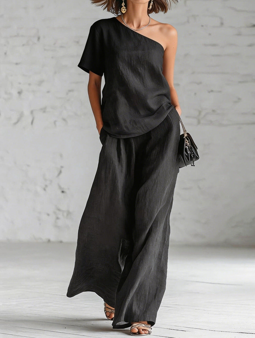 Women's wide-leg pants and top set by FitiqueFit, casual 2-piece outfit with three-quarter sleeves.