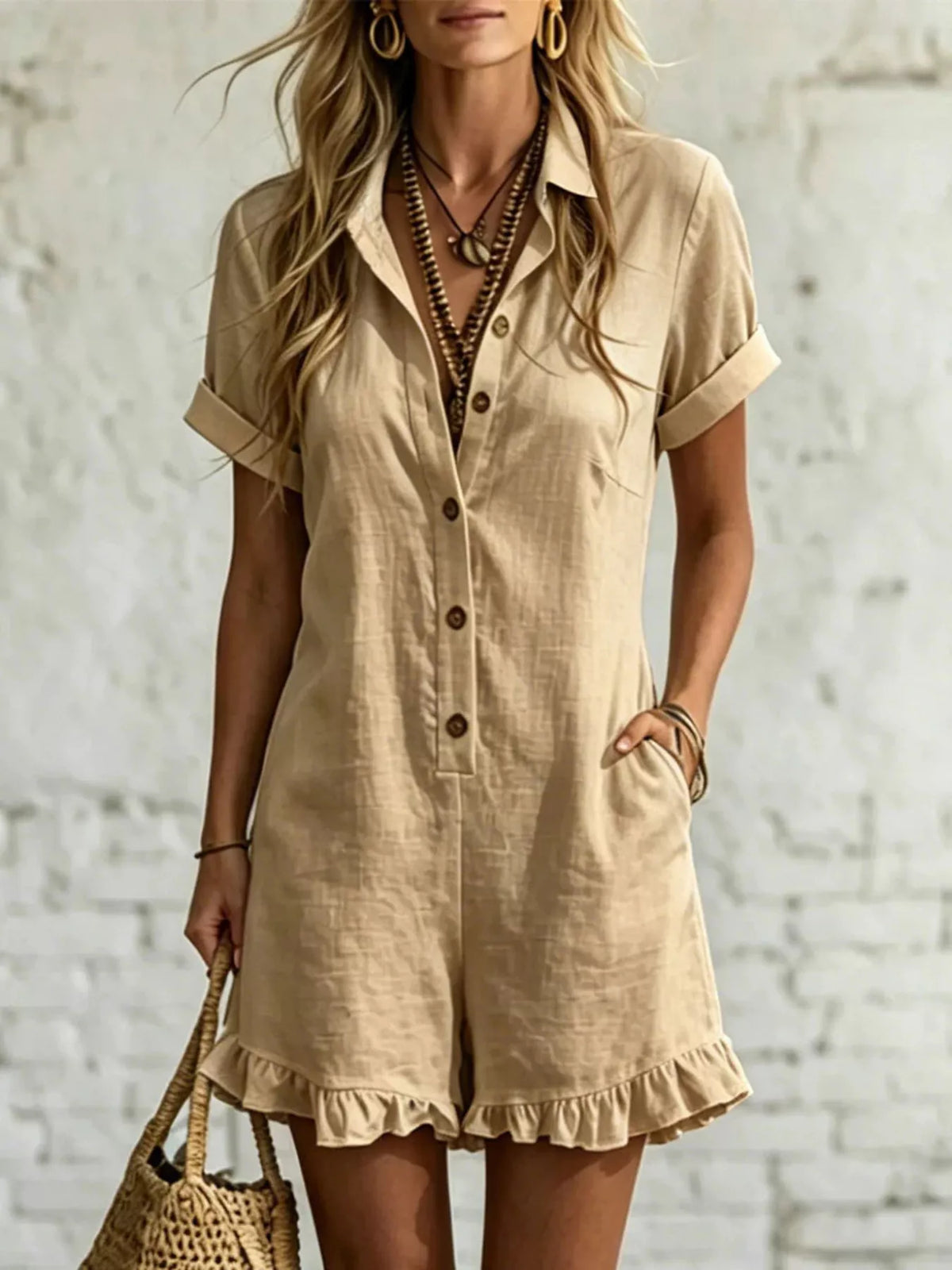 Plus size casual romper with button front and ruffled hem, stylish Trendsi full-size women's jumpsuit in a relaxed fit.