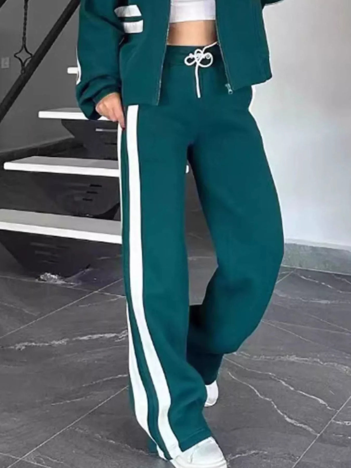 Plus size contrast stripe zip-up activewear jacket and pants set by Plush Fashion Hub, stylish and comfortable for workouts.