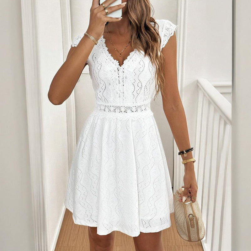 Women’s V-neck short-sleeve casual dress with lace trim by FitiqueFit, showcasing a relaxed fit and elegant lace accents.