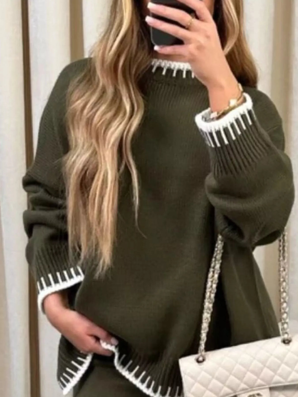 Simply Love contrast trim round neck top and pants sweater set, soft knit fabric, casual stylish loungewear for women.