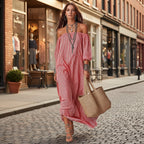 Women's striped loose-fit flared maxi dress by FitiqueFit, perfect for holiday and vacation, shown flowing on a model outdoors.