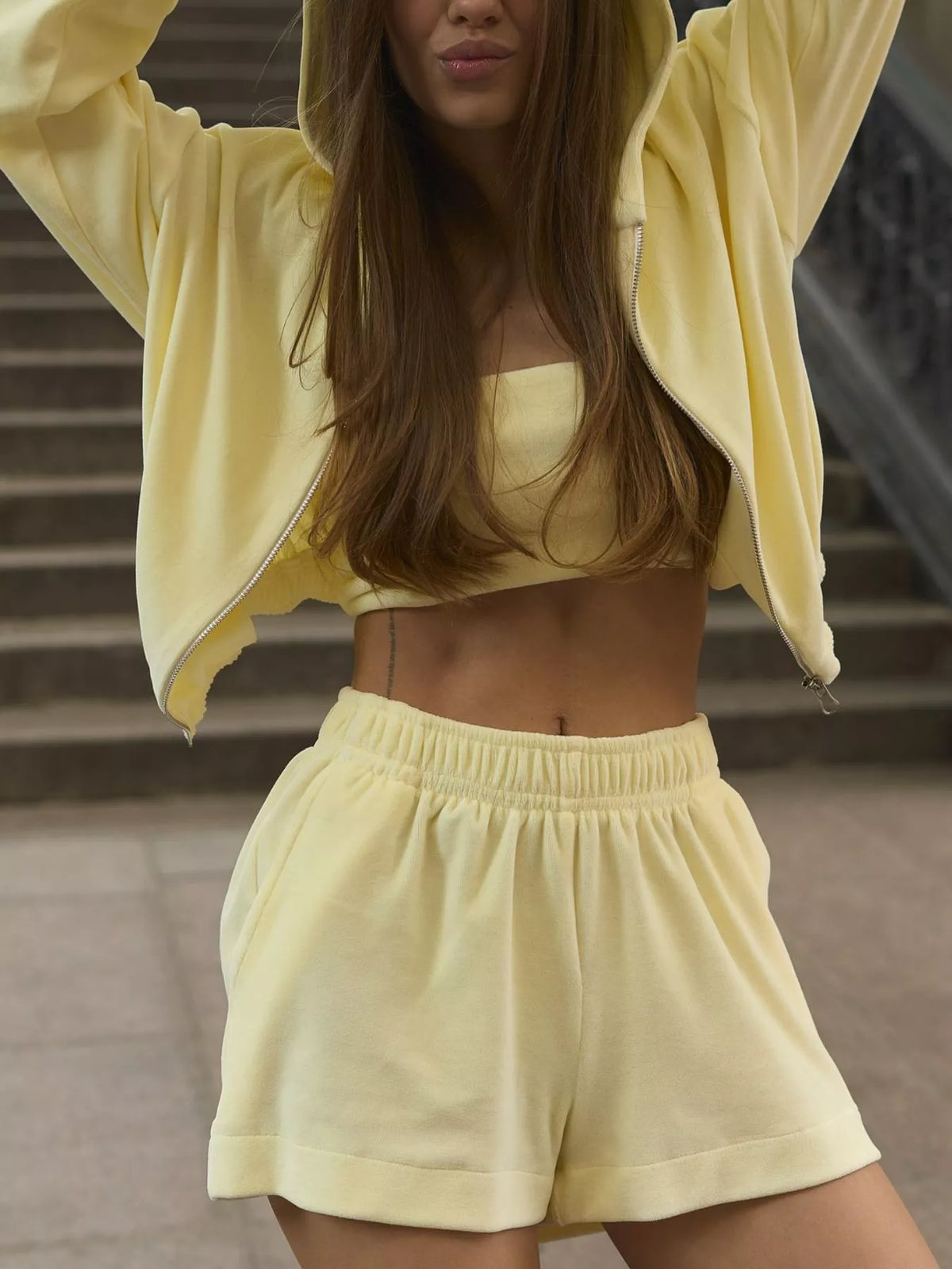 Zip up cropped hoodie and matching shorts set by Plush Fashion Hub, casual loungewear shirts in a comfortable, stylish design.