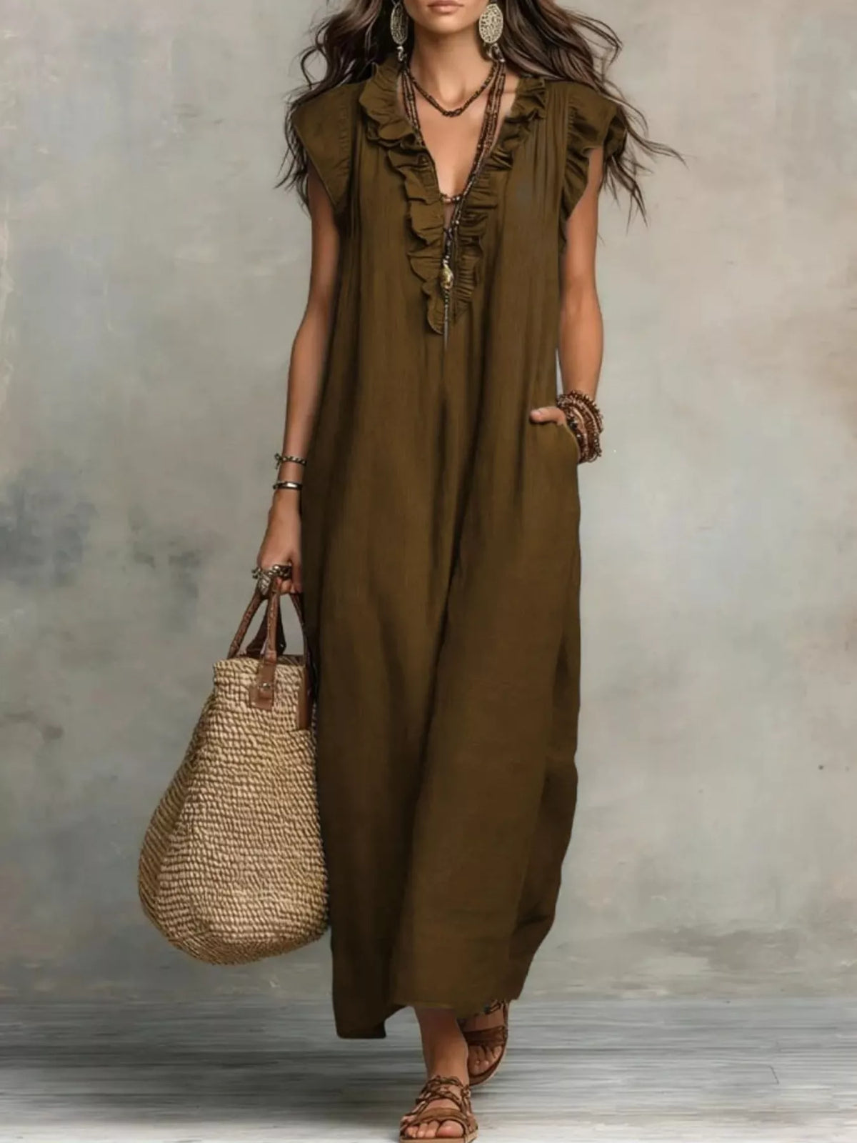 Plush Fashion Hub ruffled V-neck maxi dress in soft fabric with flowing silhouette and elegant ruffle details.