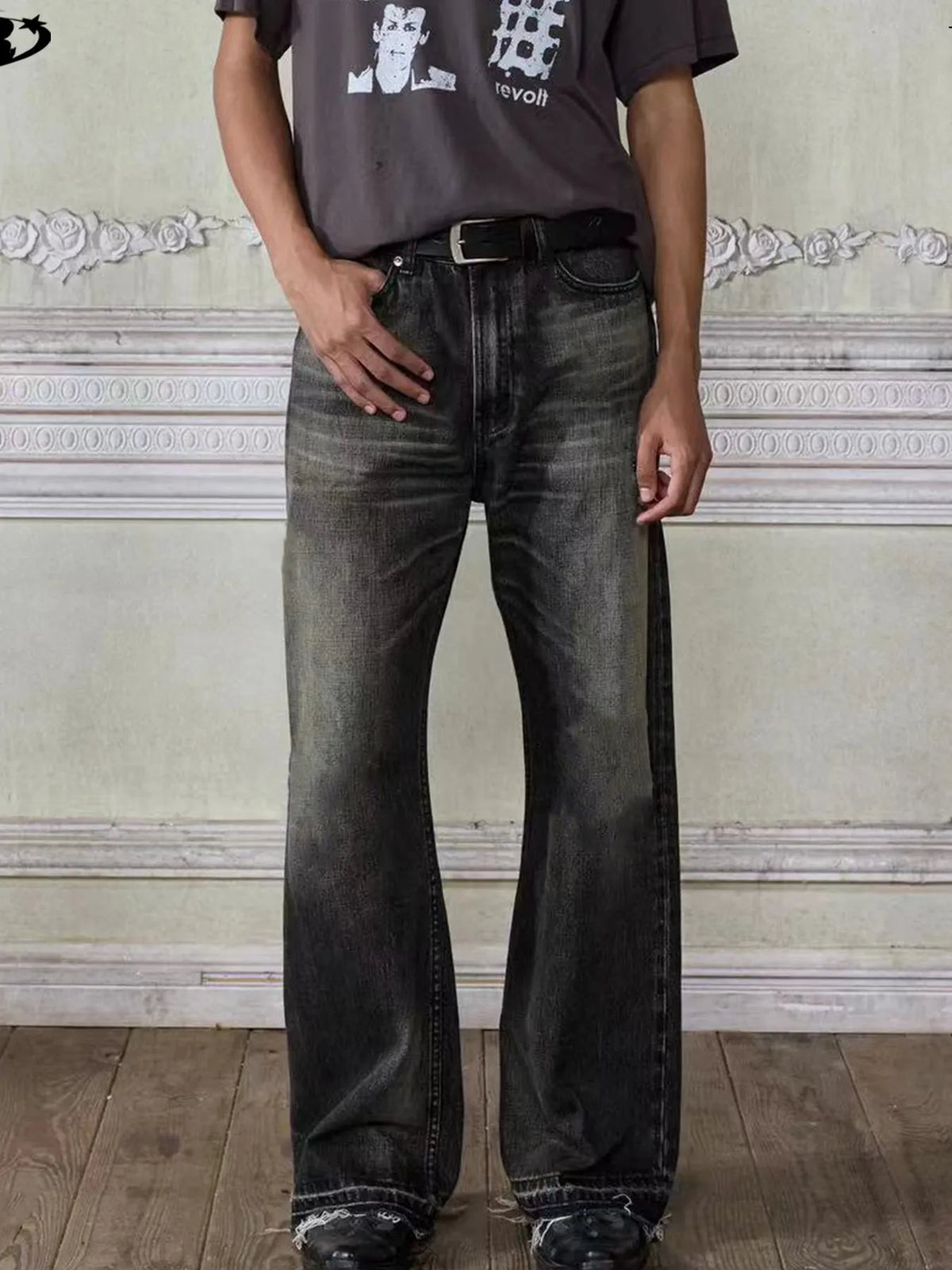 Men's vintage washed denim jeans with frayed hem from Plush Fashion Hub, showcasing classic denim fabric and distressed details.