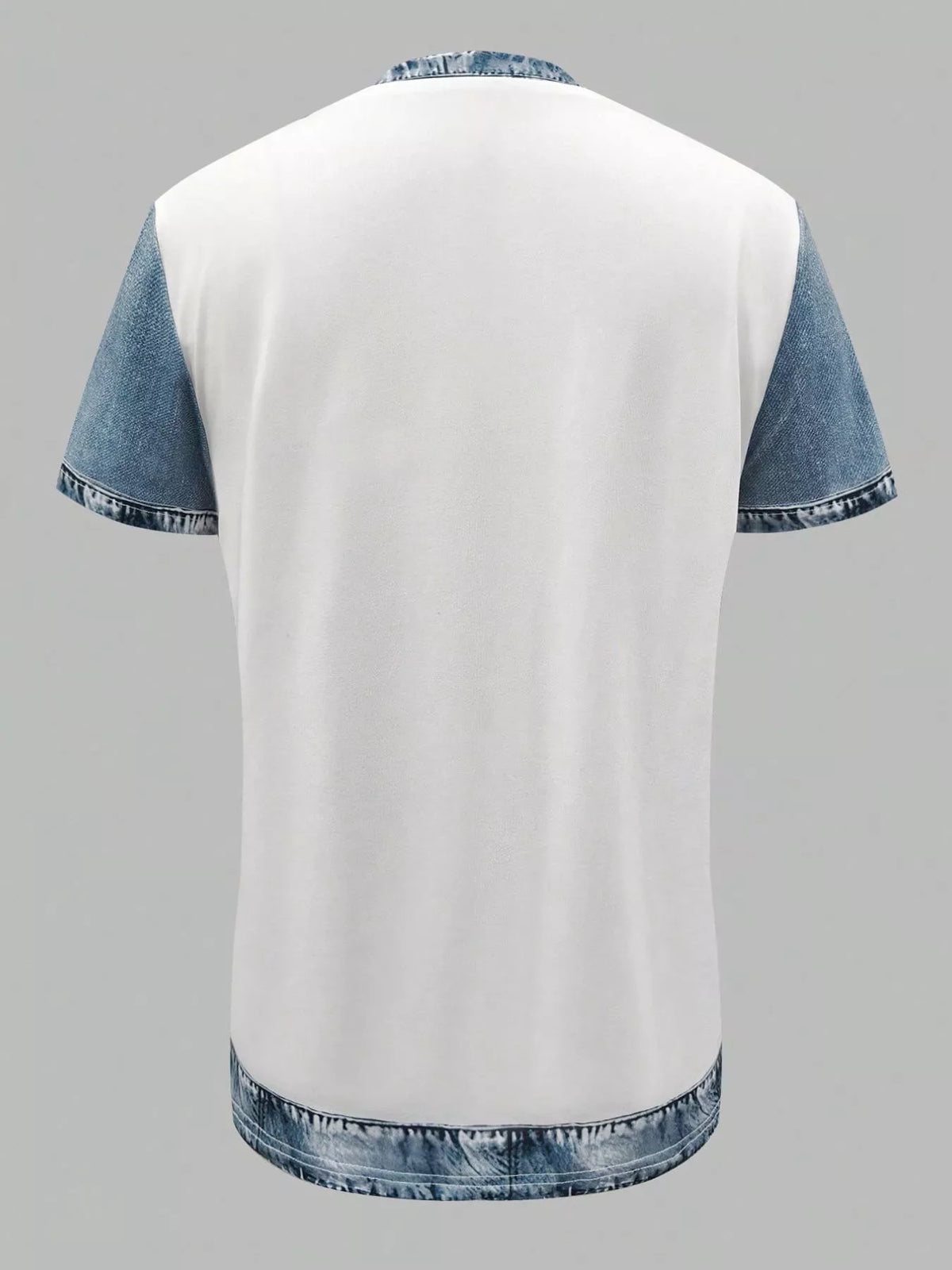 Denim patchwork short sleeve blouse by Plush Fashion Hub featuring mixed fabric patches and a casual, stylish design.