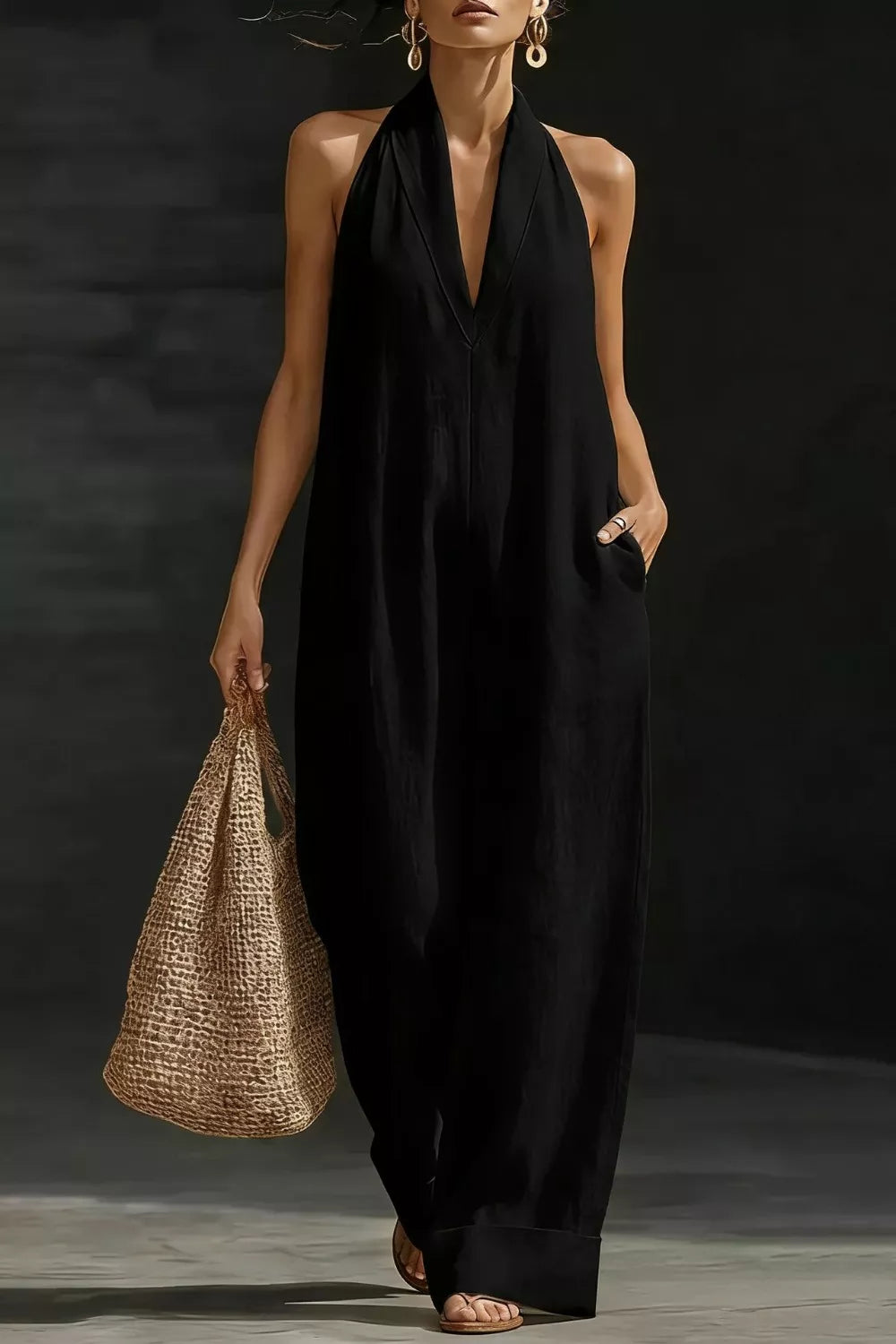 Women's sleeveless wide-leg jumpsuit with pockets, casual romper by Plush Fashion Hub, shown in a relaxed fit with a stylish silhouette.