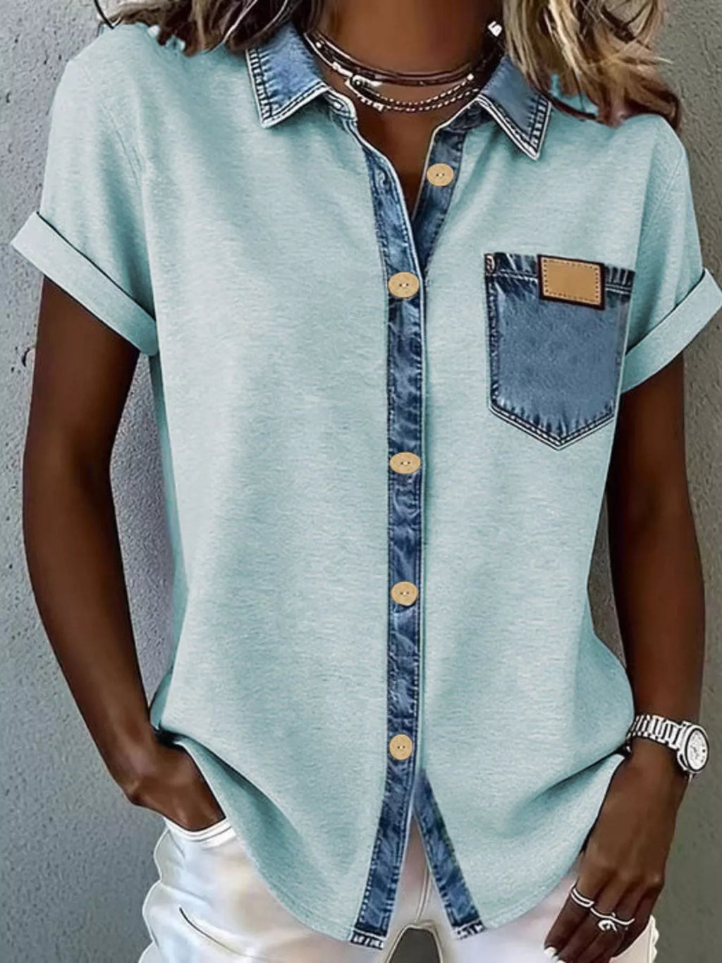 Denim trim short sleeve shirt from Trendsi with a casual fit and button-up front, perfect for everyday wear.