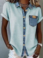 Denim trim short sleeve shirt from Trendsi with a casual fit and button-up front, perfect for everyday wear.