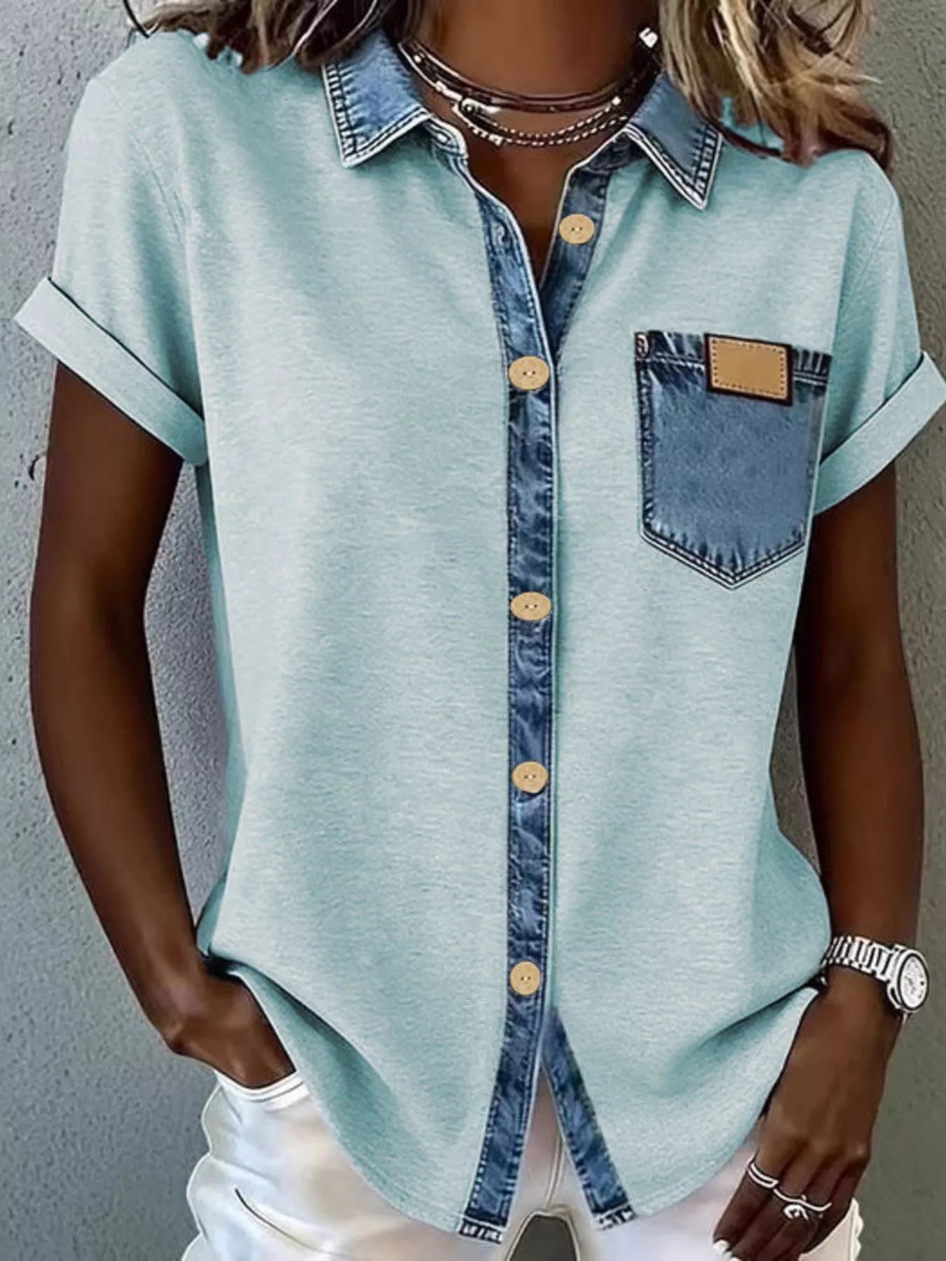 Denim trim short sleeve shirt from Trendsi with a casual fit and button-up front, perfect for everyday wear.