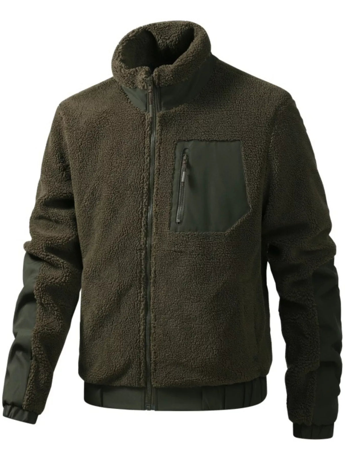 Men's Sherpa fleece zip-up jacket by Simply Love featuring a cozy fleece texture and front zipper, ideal for cold weather.