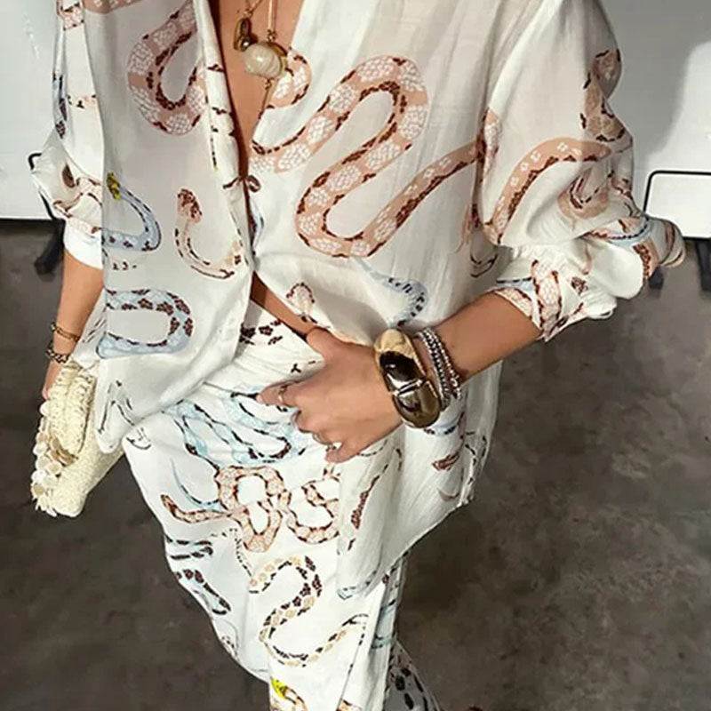 Snake Print Shirt And Skirt Suit Single-breasted Beach - Plush Fashions Shop 