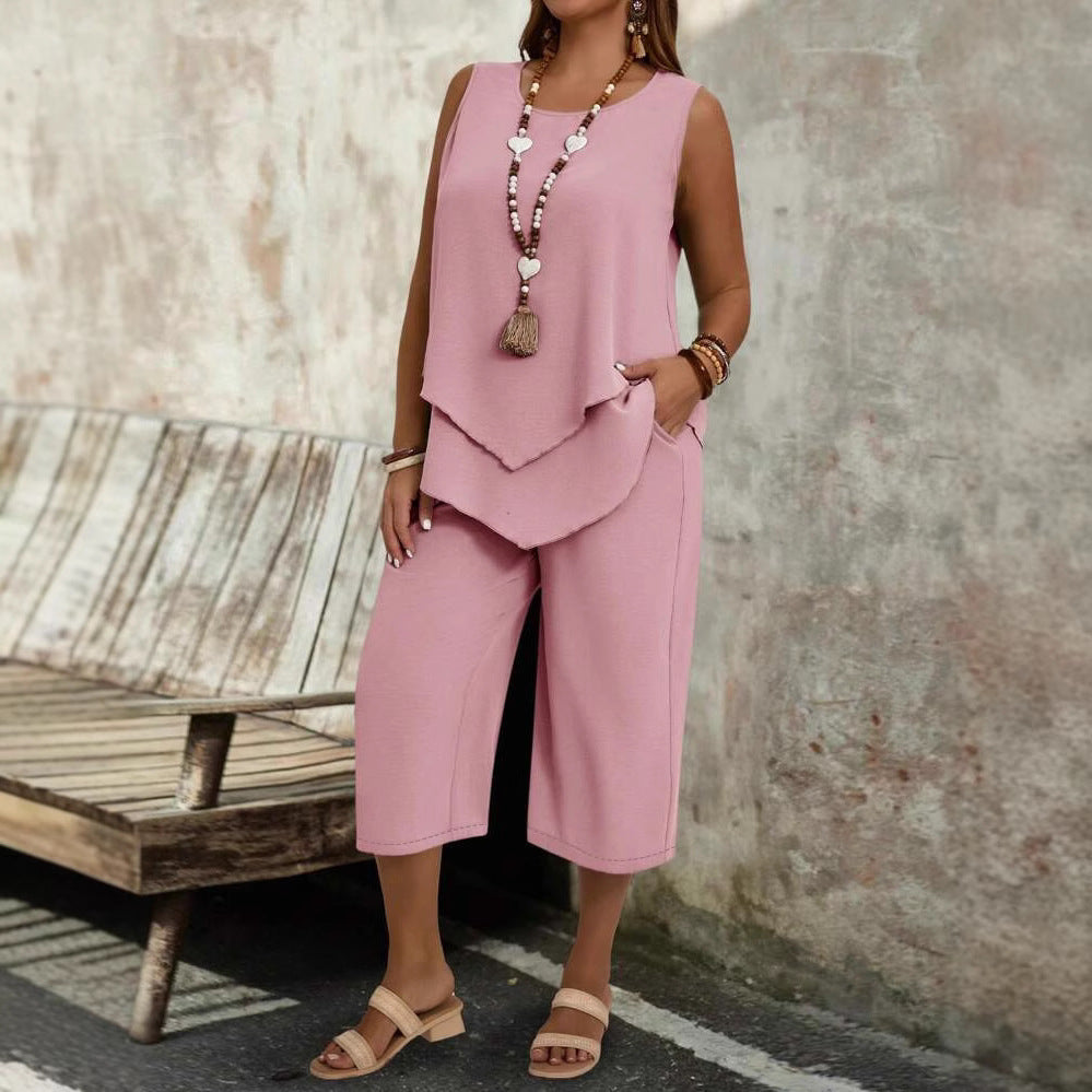 Casual solid-colored sleeveless top and cropped pants two-piece set by Plush Fashion Hub, featuring a relaxed, stylish casualwear look.