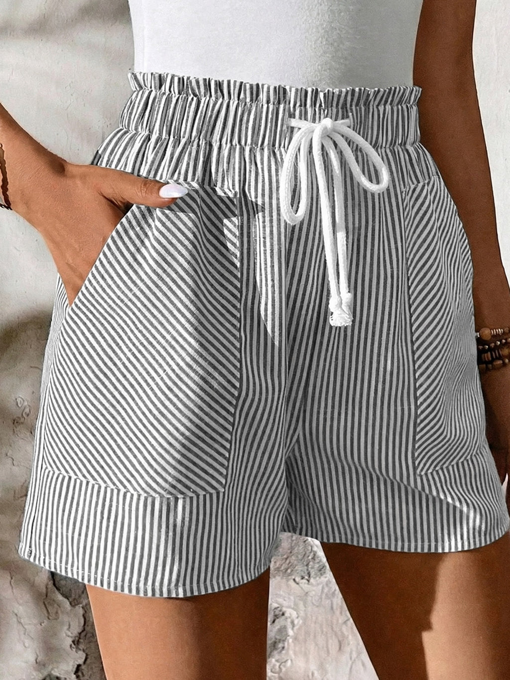 Women's striped elastic waist drawstring shorts, casual summer beachwear bottoms with breathable fabric and comfortable fit.