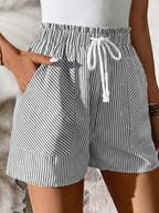 Women's striped elastic waist drawstring shorts, casual summer beachwear bottoms with breathable fabric and comfortable fit.