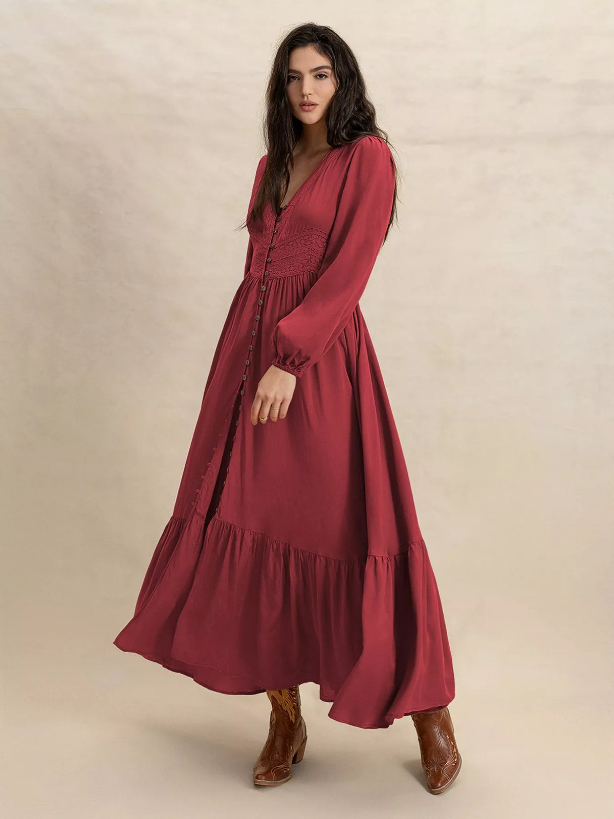 Plush Fashion Hub plus size maxi dress with v-neckline and balloon sleeves, featuring a soft, plush fabric in a stylish design.