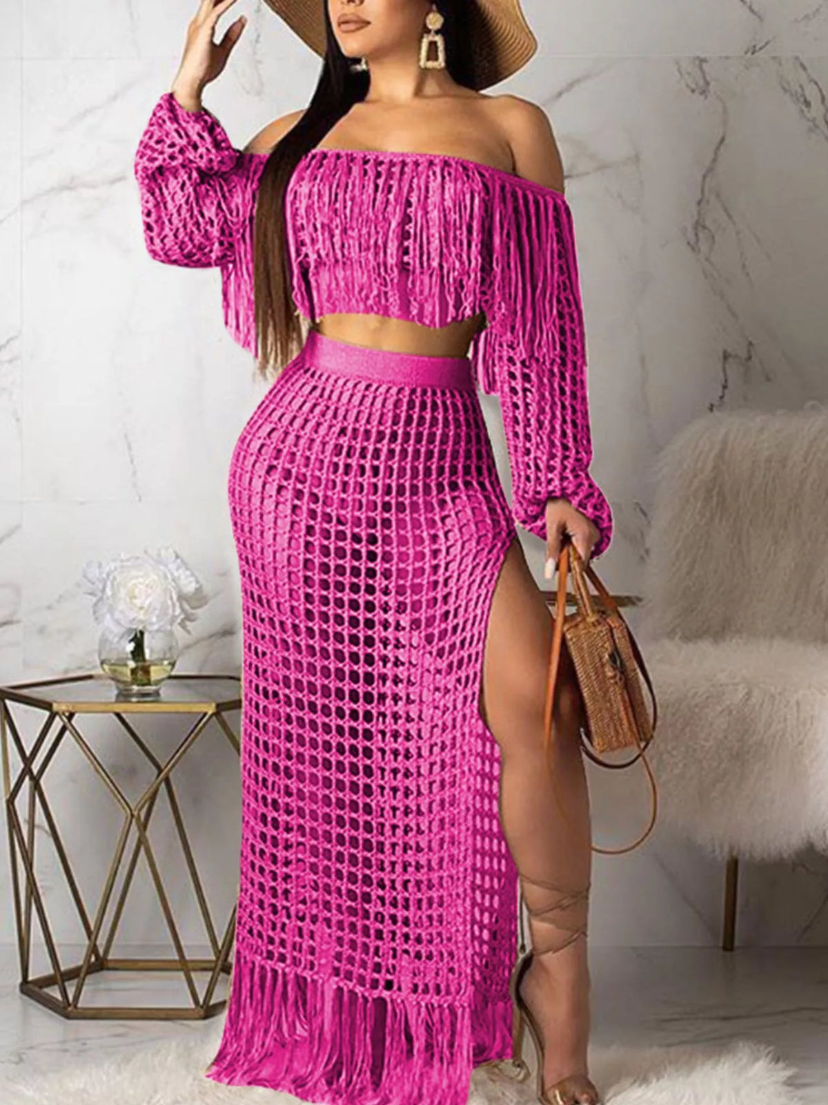Plus size crochet off-shoulder fringe top and skirt set by Plush Fashion Hub, featuring a stylish matching set with intricate crochet details.