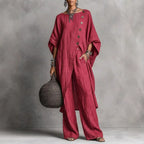 Women's casual fitiqueFit drop shoulder three-quarter sleeve irregular shirt and matching pants set, relaxed style, front view.