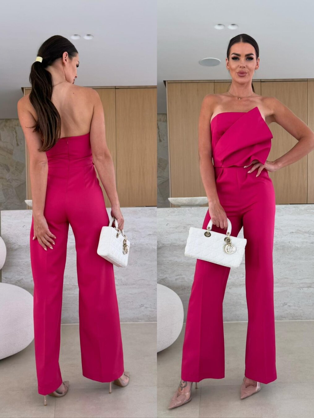 Candy-colored FitiqueFit bodycon halterneck backless jumpsuit with high waist and wide-leg design, perfect for casualwear.