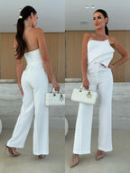 Candy-colored FitiqueFit bodycon halterneck backless wide-leg jumpsuit with high waist, perfect for casualwear.