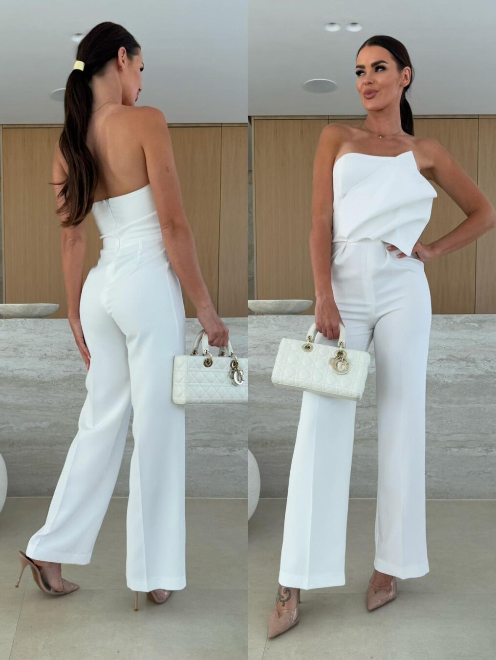 Candy-colored FitiqueFit bodycon halterneck backless wide-leg jumpsuit with high waist, perfect for casualwear.